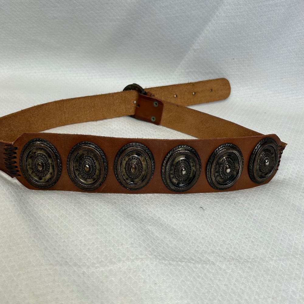 Vintage Brown Leather Concho Belt Ornate Oval Medallions Western Boho ART 028